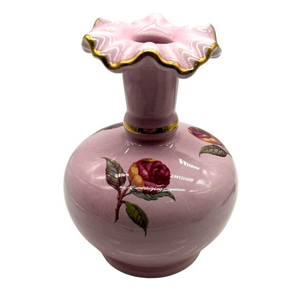 Vintage Pink Ceramic Rose Vase With Gold Detailing & Scalloped Rim 4"H X 3" W - Picture 1 of 6